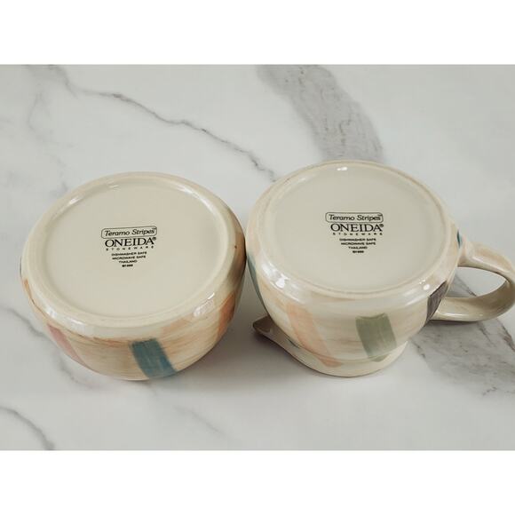 Oneida Teramo Stripes Creamer & Sugar Bowl w/ Lid Stoneware Glazed 1999 Vintage - Picture 10 of 14